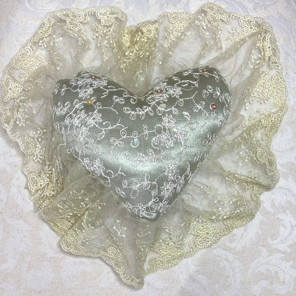 Victorian French Lover Lace Heart Pillow Hand Crafted Vintage Cottage Decor Pink
